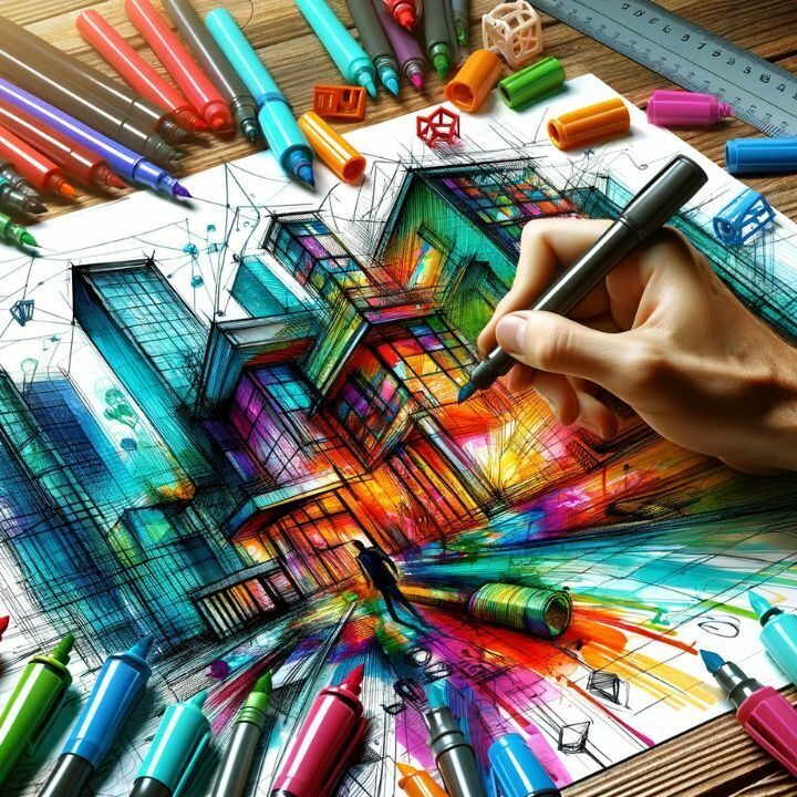 Vibrant Architectural Drawing: Mastering the Art of Colored Marker Sketches